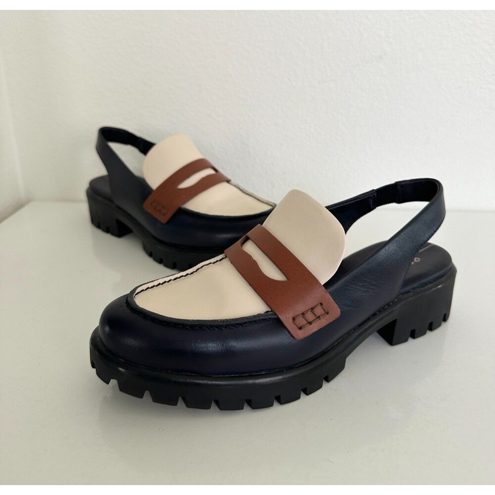 ECCO Modtray Leather Slingback Loafers Lug Sole Navy Cream Workwear EU 35 US 5